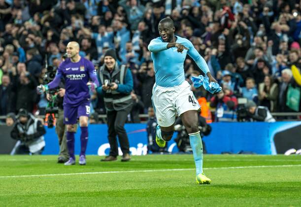 Yaya Toure of Manchester City celebrates scoring the winning penalty during the Capital One Cup Final match between Liverpool and Manchester City at Wembley Stadium, London, on the 28th February 2016. Copyright: xLiamxMcAvoyx 08910102