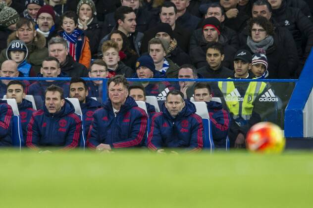Louis van Gaal manager of Manchester United ManU and Assistant manager Ryan Giggs during the Barclays Premier League match between Chelsea and Manchester United at Stamford Bridge, London, England on 7 February 2016. Copyright: xSalvioxCalabresex 08440035