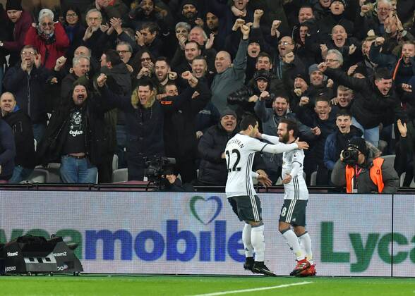 Juan Mata of Manchester United ManU celebrates scoring the opening goal during the Premier League match between West Ham United and Manchester United at the London Stadium, Queen Elizabeth Olympic Park , Stratford, England on 2 January 2017. Copyright: xVincexxMignottx 13590028