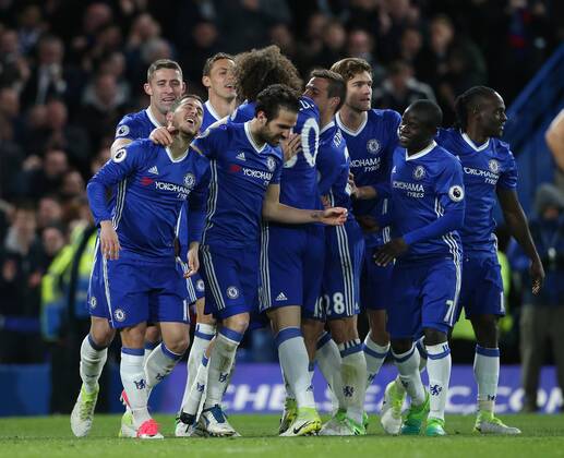 Chelsea s Eden Hazard celebrates scoring his sides opening goal during the Premier League match at Stamford Bridge Stadium, London. Picture date: April 25th, 2017. Pic credit should read: David Klein Sportimage EDITORIAL USE ONLY. No use with unauthorised audio, video, data, fixture lists, club league logos or live services. Online in-match use limited to 120 images, no video emulation. No use in betting, games or single club league player publications.
