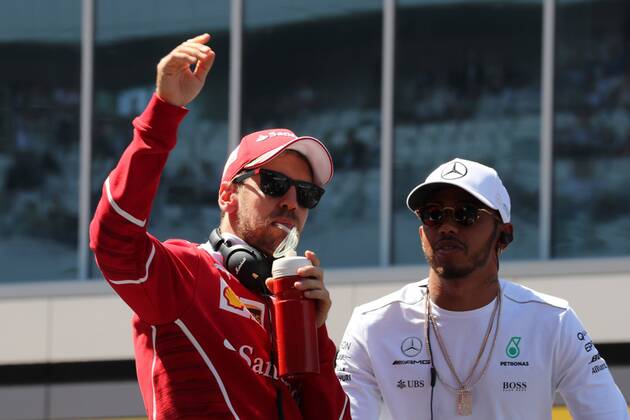 Russian Grand Prix, Sochi 27 - 30 April 2017 30.04.2017 - Sebastian Vettel (GER) Scuderia Ferrari SF70H and Lewis Hamilton (GBR) Mercedes AMG F1 W08 at drivers parade