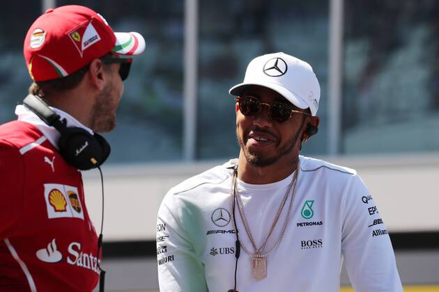 Russian Grand Prix, Sochi 27 - 30 April 2017 30.04.2017 - Sebastian Vettel (GER) Scuderia Ferrari SF70H and Lewis Hamilton (GBR) Mercedes AMG F1 W08 at drivers parade