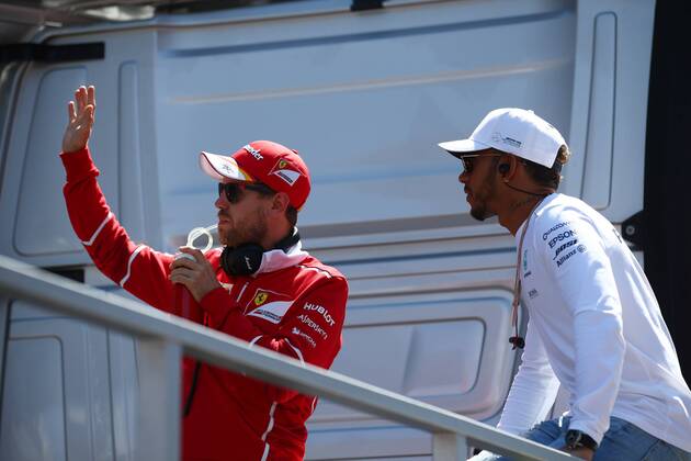 Russian Grand Prix, Sochi 27 - 30 April 2017 30.04.2017 - Sebastian Vettel (GER) Scuderia Ferrari SF70H and Lewis Hamilton (GBR) Mercedes AMG F1 W08 at drivers parade