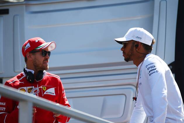 Russian Grand Prix, Sochi 27 - 30 April 2017 30.04.2017 - Sebastian Vettel (GER) Scuderia Ferrari SF70H and Lewis Hamilton (GBR) Mercedes AMG F1 W08 at drivers parade