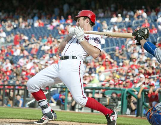 April 30, 2017 - Washington, District of Columbia, United States of America - Washington Nationals second baseman Daniel Murphy (20) fall back and out of the way of a pitch in the seventh inning against the New York Mets at Nationals Park in Washington, D.C. on Sunday, April 30, 2017. The Nationals won the game 23 - 5..Credit: CNP New York Mets vs Washington Nationals - ZUMAs152 78320087st Copyright: xRonxSachsx