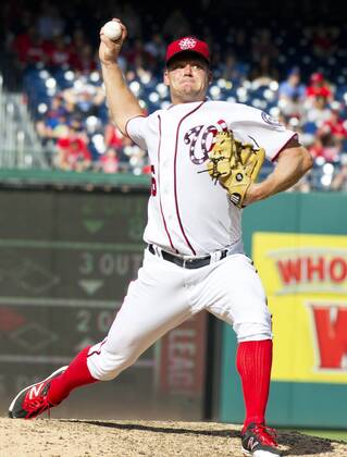 April 30, 2017 - Washington, District of Columbia, United States of America - Washington Nationals relief pitcher Joe Blanton (56) pitches in the eighth inning against the New York Mets at Nationals Park in Washington, D.C. on Sunday, April 30, 2017. The Nationals won the game 23 - 5..Credit: CNP New York Mets vs Washington Nationals - ZUMAs152 78320091st Copyright: xRonxSachsx