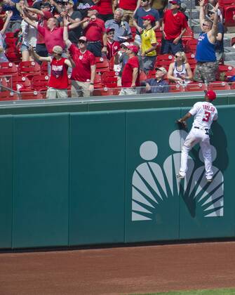 April 30, 2017 - Washington, District of Columbia, United States of America - Washington Nationals center fielder Michael Taylor (3) leaps in a vain attempt to catch a ball off the bat of New York Mets catcher Rene Rivera (44) in the second inning that went for a home run at Nationals Park in Washington, D.C. on Sunday, April 30, 2017. The landed five rows back and can be seen in the upper left corner..Credit: CNP New York Mets vs Washington Nationals - ZUMAs152 78320101st Copyright: xRonxSachsx
