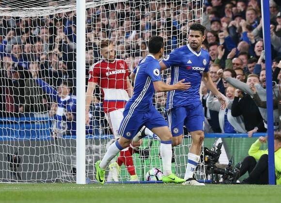 Chelsea s Diego Costa celebrates scoring his sides opening goal during the Premier League match at Stamford Bridge Stadium, London. Picture date: May 8th, 2017. Pic credit should read: David Klein Sportimage EDITORIAL USE ONLY. No use with unauthorised audio, video, data, fixture lists, club league logos or live services. Online in-match use limited to 120 images, no video emulation. No use in betting, games or single club league player publications.