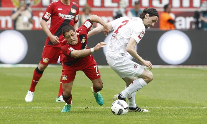 Leverkusen, Bayarena, 13.05.17: Javier Hernandez Chicharito (Bayer 04 Leverkusen) (L) gegen Neven Subotic (1.FC Köln) im Spiel der 1. Bundesliga zwischen Bayer 04 Leverkusen vs. 1.FC Köln in der Saison 2016 2017.
