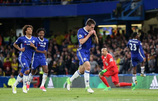 Chelsea s Cesar Azpilicueta celebrates scoring his sides second goal during the Premier League match at Stamford Bridge Stadium, London. Picture date: May 15th, 2017. Pic credit should read: David Klein Sportimage EDITORIAL USE ONLY. No use with unauthorised audio, video, data, fixture lists, club league logos or live services. Online in-match use limited to 120 images, no video emulation. No use in betting, games or single club league player publications.