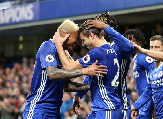 Chelsea s Cesar Azpilicueta celebrates scoring his sides second goal during the Premier League match at Stamford Bridge Stadium, London. Picture date: May 15th, 2017. Pic credit should read: David Klein Sportimage EDITORIAL USE ONLY. No use with unauthorised audio, video, data, fixture lists, club league logos or live services. Online in-match use limited to 120 images, no video emulation. No use in betting, games or single club league player publications.