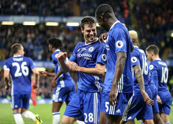 Chelsea s Cesar Azpilicueta celebrates scoring his sides second goal during the Premier League match at Stamford Bridge Stadium, London. Picture date: May 15th, 2017. Pic credit should read: David Klein Sportimage EDITORIAL USE ONLY. No use with unauthorised audio, video, data, fixture lists, club league logos or live services. Online in-match use limited to 120 images, no video emulation. No use in betting, games or single club league player publications.