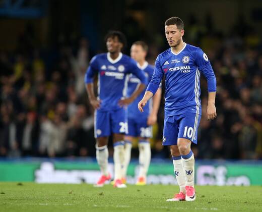 Chelsea s Eden Hazard looks on dejected after Watford s third goal during the Premier League match at Stamford Bridge Stadium, London. Picture date: May 15th, 2017. Pic credit should read: David Klein Sportimage EDITORIAL USE ONLY. No use with unauthorised audio, video, data, fixture lists, club league logos or live services. Online in-match use limited to 120 images, no video emulation. No use in betting, games or single club league player publications.