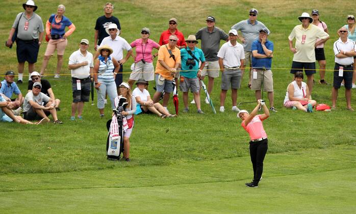 June 16, 2017 - Belmont, Michigan, United States - Brooke M. Henderson of Canadawatches her fairway shot on the 7th hole during the second round of the Meijer LPGA Golf Damen Classic golf tournament at Blythefield Country Club in Belmont, MI, USA Friday, June 16, 2017. Meijer LPGA Classic - Round Two  - ZUMAn230 20170616_zaa_n230_439 Copyright: xJorgexLemusx