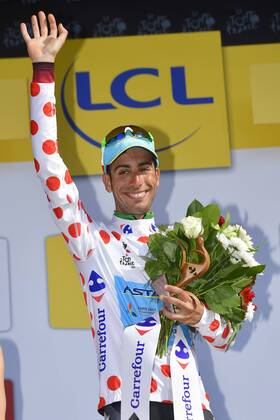 TROYES, FRANCE - JULY 6 : ARU Fabio (ITA) Rider of Astana Pro Team pictured during the podium ceremony in the polka dots jersey after stage 6 of the 104th edition of the 2017 Tour de France cycling race, a stage of 216 kms between Vesoul and Troyes on July 06, 2017 in Troyes, France, 6 07 2017 CYCLISME : Tour de France 2017 - Etape 6 - Vesoul Troyes - 06 07 2017 Photonews Panoramic 