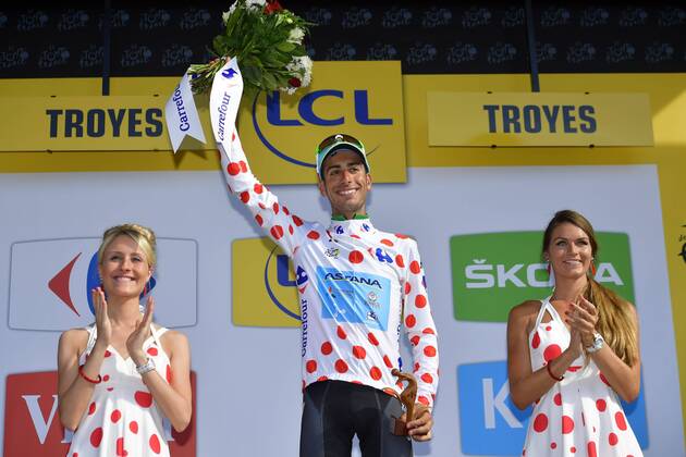 TROYES, FRANCE - JULY 6 : ARU Fabio (ITA) Rider of Astana Pro Team pictured during the podium ceremony in the polka dots jersey after stage 6 of the 104th edition of the 2017 Tour de France cycling race, a stage of 216 kms between Vesoul and Troyes on July 06, 2017 in Troyes, France, 6 07 2017 CYCLISME : Tour de France 2017 - Etape 6 - Vesoul Troyes - 06 07 2017 Photonews Panoramic 