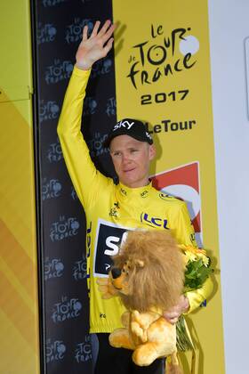 TROYES, FRANCE - JULY 6 : FROOME Christopher (GBR) Rider of Team SKY pictured during the podium ceremony in the yellow jersey after stage 6 of the 104th edition of the 2017 Tour de France cycling race, a stage of 216 kms between Vesoul and Troyes on July 06, 2017 in Troyes, France, 6 07 2017 CYCLISME : Tour de France 2017 - Etape 6 - Vesoul Troyes - 06 07 2017 Photonews Panoramic 