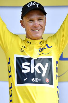 British Chris Froome of Team Sky celebrates on the podium in the yellow jersey of leader in the overall ranking after the sixth stage of the 104th edition of the Tour de France cycling race, 216 km from Vesoul to Troyes, France, Thursday 06 July 2017. This year s Tour de France takes place from July first to July 23rd. DIRKxWAEM  x05127553x