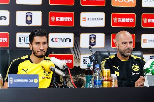 GUANGZHOU, CHINA - JULY 17: Midfielder Nuri Sahin (L) and head coach Peter Bosz attend a press conference PK Pressekonferenz of Borussia Dortmund ahead of 2017 International Champions Cup China on July 17, 2017 in Guangzhou, Guangdong Province of China.  Copyright: xVCGx CFP111119817307 