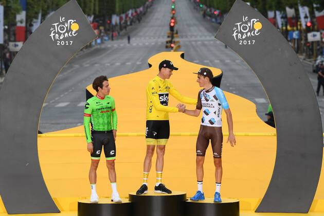 Colombian Rigoberto Uran of Cannondale Drapac Professional Cycling Team, British Chris Froome of Team Sky and French Romain Bardet of AG2R La Mondiale celebrate on the podium after the 104th edition of the Tour de France cycling race, in Paris, France, Sunday 23 July 2017. This year s Tour de France takes place from July first to July 23rd. POOLxFRANCKxFAUGERE  x05137745x