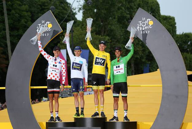 (From L to R) Warren Barguil of France, Simon Yates of Great Britain, Chris Froome of Great Britain and Mike Matthews of Australia celebrate on the presentation podium after the conclusion of the Tour de France in Paris on July 23, 2017. Froome claimed his fourth overall Tour victory.  PAR20170723050 DAVIDxSILPA