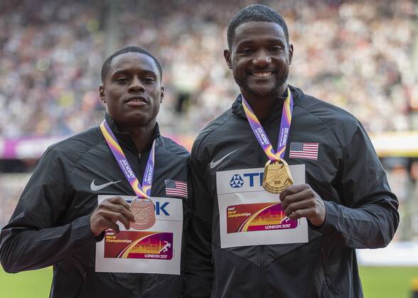 Athletics - 2017 IAAF London World Athletics Championships - Day Three, Evening Session 100m Men s Medal Ceremony Left to right Chris Coleman, Justin Gatlin (United States) with their medals at the London Stadium COLORSPORT DANIEL BEARHAM  csp_WrlAth_d3PM