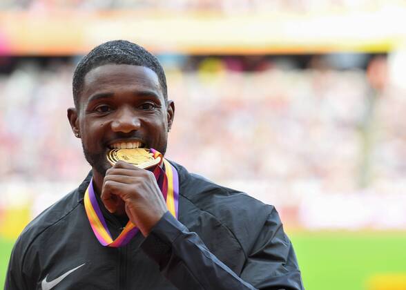 Justin GATLIN (USA) on the mens 100m podium during the London 2017 IAAF World Athletic Championship at Queen Elizabeth Olympic Park, London, United Kingdom on 6 August 2017. Copyright: xVincexMignottx 16130297