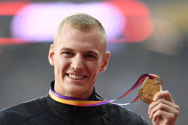 London, IAAF, Leichtathletik, athletics, Track and Field, World athletics Championships 2017 in London Leichtathletik WM 2017, 04-13.08.2017, Olympic Stadium London, Stabhochsprung Siegerehrung Sam kendricks, USA Goldmedaille ,