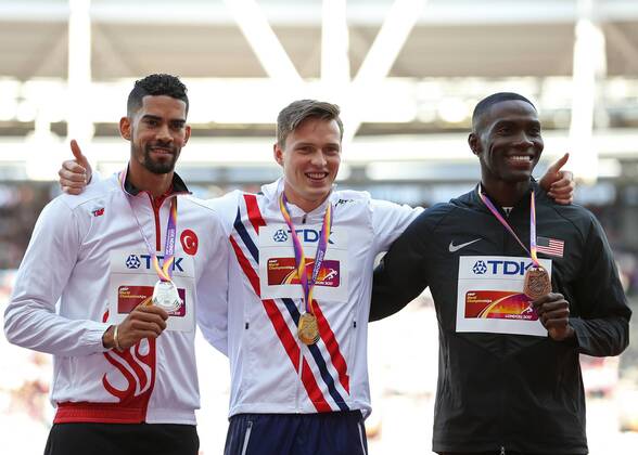 August 10th 2017, London Stadium, East London, England; IAAF World Championships, Day 7; Karsten Warholm of Norway with the gold medal, Yasmani Copello of Turkey with the Silver medal and Kerron Clement of USA with the Bonze medal all pose during the medal ceremony xJohnxPatrickxFletcherx  ActionPlus11914325