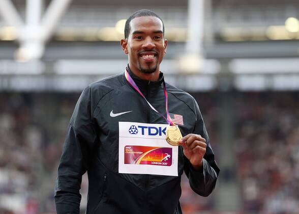 August 11th 2017, London Stadium, East London, England; IAAF World Championships, Day 8; Christian Taylor of USA with his Gold medal for Men& x2019;s Triple Jump during the medal ceremony xJohnxPatrickxFletcherx  ActionPlus11914577