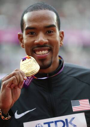 August 11th 2017, London Stadium, East London, England; IAAF World Championships, Day 8; Christian Taylor of USA with the Gold medal for Men& x2019;s Triple Jump during the medal ceremony xJohnxPatrickxFletcherx  ActionPlus11914579