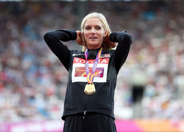 August 12th 2017, London Stadium, East London, England; IAAF World Championships, Day 9; Emma Coburn of the USA with the Gold Medal for the 3000 metres Steeplechase during the medal ceremony xJohnxPatrickxFletcherx  ActionPlus11915494