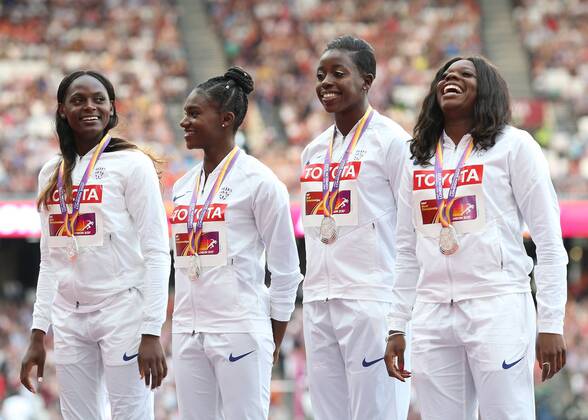 August 13th 2017, London Stadium, East London, England; IAAF World Championships, Day 10; Asha Philips of Great Britain, Desiree Henry of Great Britain, Dina Asher-Smith of Great Britain and Daryll Neita of Great Britain smiling as they pose with the silver medals in 4x100 metres relay women during the medal ceremony xJohnxPatrickxFletcherx  ActionPlus11916144