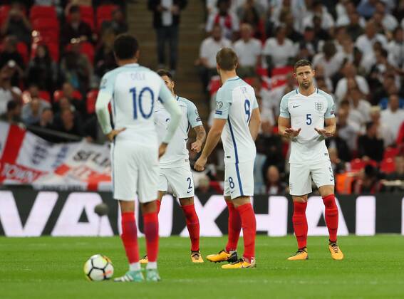 England s Gary Cahill looks on dejected after Slovakia s opening goal during the World Cup Qualifier match at Wembley Stadium, London. Picture date 4th September 2017. Picture credit should read: David Klein Sportimage EDITORIAL USE ONLY. No use with unauthorised audio, video, data, fixture lists, club league logos or live services. Online in-match use limited to 120 images, no video emulation. No use in betting, games or single club league player publications.