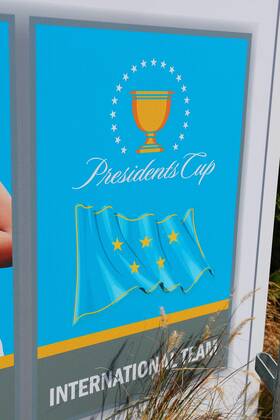 JERSEY CITY, NJ - SEPTEMBER 27: International Team Presidents Cup sign during Day 3 practice of the Presidents Cup on September 27, 2017, at Liberty National Golf Club in Jersey City, NJ. (Photo by Rich Graessle Icon Sportswire) GOLF: SEP 27 PGA Golf Herren - The Presidents Cup - Preview Day 3 Icon0927170542 EDITORIAL USE ONLY