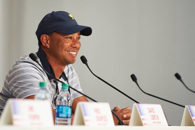 JERSEY CITY, NJ - SEPTEMBER 27: Captain s Assistant Tiger Woods of the American Team is interviewed after practice rounds prior to the Presidents Cup at Liberty National Golf Club on September 27, 2017 in Jersey City, New Jersey. (Photo by Shelley Lipton Icon Sportswire) GOLF: SEP 27 PGA Golf Herren - The Presidents Cup - Preview Day 3 Icon17092760 EDITORIAL USE ONLY