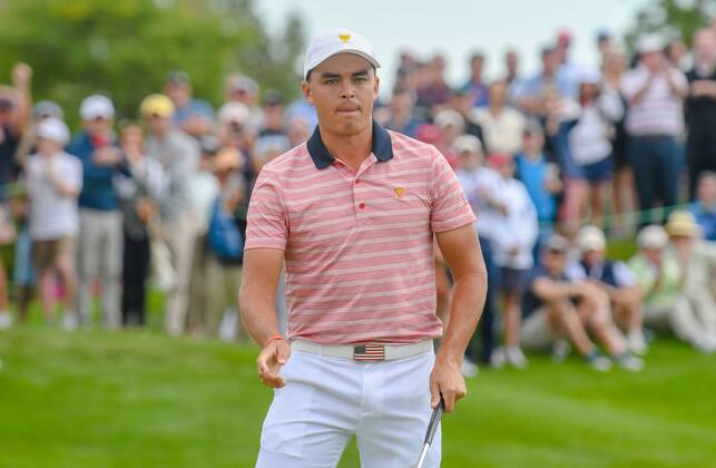 Friday September 29, 2017: Rickie Fowler of the United States reacts after sinking a putt on the 3rd hole during the second round of the Presidents Cup at Liberty National Golf Course in Jersey City, New Jersey. CSM PGA Golf Herren 2017: Presidents Cup SEPT 29 - ZUMAc04_ 20170929_zaf_c04_033 Copyright: xGregoryxVasilx