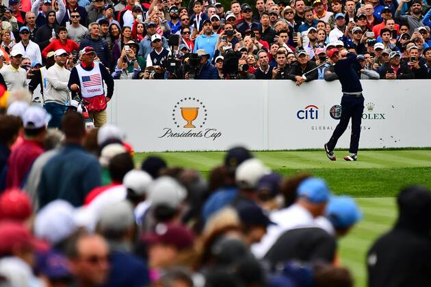 September 30, 2017 - Jersey City, New Jersey, U.S - Rickie Fowler of the US Team tees off the 18th tee during Saturday matches of the Presidents Cup at Liberty National Golf Club in Jersey City, NJ GOLF 2017 - Presidents Cup - ZUMAc119 20170930_zaf_c119_025 Copyright: xBrianxCianciox