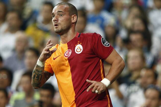 MADRID, 18-08-2015. Santiago Bernabeu Stadium, Santiago Bernabeu trophy. 2015 2016. Real Madrid - Galatasaray. Wesley Sneijder of Galatasaray. Real Madrid - Galatasaray (Santiago Bernabeu trophy)