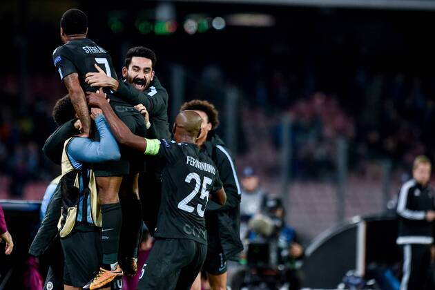 Raheem Sterling of Manchester City celebrates scoring fourth goal during the UEFA Champions League group F match between Napoli and Manchester City at Stadio San Paolo Naples Italy on 1 November 2017 Photo by Giuseppe Maffia xGiuseppexMaffiax xUKSPx AFP7x xNapolixvxManchesterxCity,xItaly,xNovx1thx2017x