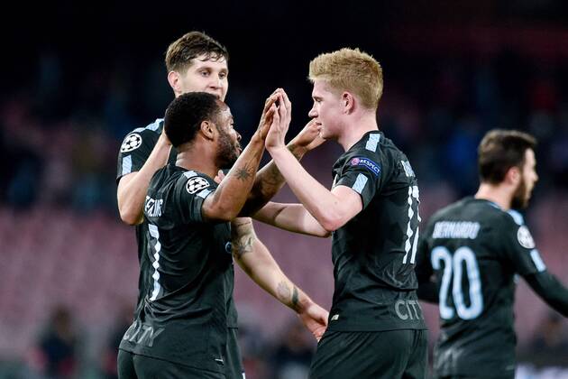 Raheem Sterling of Manchester City celebrates scoring fourth goal during the UEFA Champions League group F match between Napoli and Manchester City at Stadio San Paolo Naples Italy on 1 November 2017 Photo by Giuseppe Maffia xGiuseppexMaffiax xUKSPx AFP7x xNapolixvxManchesterxCity,xItaly,xNovx1thx2017x