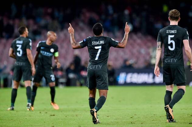 Raheem Sterling of Manchester City celebrates scoring fourth goal during the UEFA Champions League group F match between Napoli and Manchester City at Stadio San Paolo Naples Italy on 1 November 2017 Photo by Giuseppe Maffia xGiuseppexMaffiax xUKSPx AFP7x xNapolixvxManchesterxCity,xItaly,xNovx1thx2017x