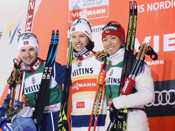 Skiing: Nordic combined World Cup season opener Norway s Espen Andersen (C) poses for a photo after winning Nordic combined s World Cup season opener in Ruka, Finland, on Nov. 24, 2017, alongside runner-up Jan Schmid (L), also of Norway, and third-place finisher Akito Watabe of Japan. 