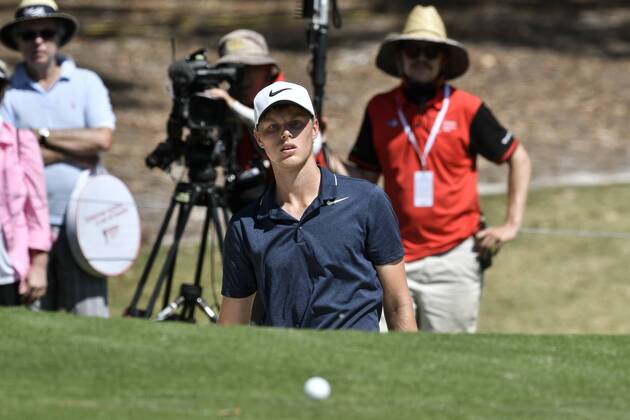 26th November 2017, The Australian Golf Club, Sydney, Australia; Emirates Australian Open Golf, final round; Winner Cameron Davis (AUS)watches his bunker shot on on the 17th  ActionPlus11956393