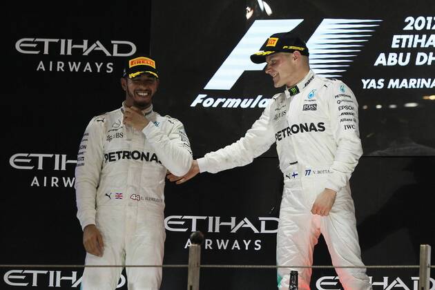 26th November 2017, Yas Marina Circuit, Abu Dhabi, UAE; Abu Dhabi Formula One Grand Prix, Sunday race day; Winer Valtteri Bottas and Lewis Hamilton - Mercedes AMG Petronas F1 Team  ActionPlus11956607