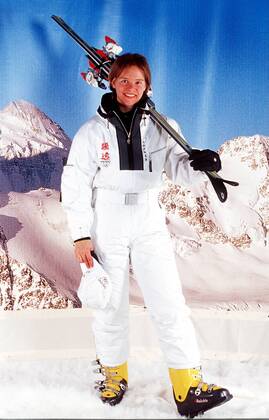 Katja Seizinger Ski Alpin. Olympia 1998 in Nagano, in Originalkleidung. , Neuss Deutschland