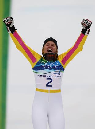 Viktoria Rebensburg ist Olmypiasiegerin im Riesenslalom Jubel Freude aufgenommen bei den Olympischen Spielen in Whistler Mountain - Olympic Games Olympische Spiele Olympia OS Ladies Giant Slalom Alpine Skiing, Whistler Mountain British Columbia Kanada