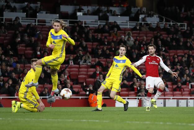 Arsenal s Mathieu Debuchy scoring his sides opening goal during the Europa League Group H match at The Emirates Stadium, London. Picture date: December 7th 2017. Picture credit should read: David Klein Sportimage EDITORIAL USE ONLY. No use with unauthorised audio, video, data, fixture lists, club league logos or live services. Online in-match use limited to 120 images, no video emulation. No use in betting, games or single club league player publications.