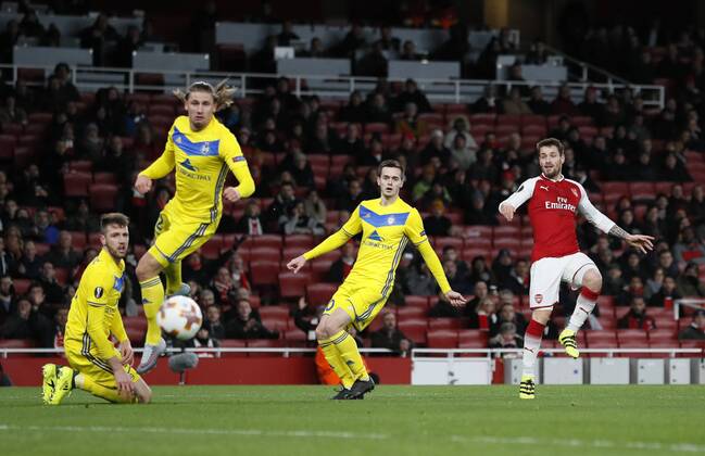 Arsenal s Mathieu Debuchy scoring his sides opening goal during the Europa League Group H match at The Emirates Stadium, London. Picture date: December 7th 2017. Picture credit should read: David Klein Sportimage EDITORIAL USE ONLY. No use with unauthorised audio, video, data, fixture lists, club league logos or live services. Online in-match use limited to 120 images, no video emulation. No use in betting, games or single club league player publications.