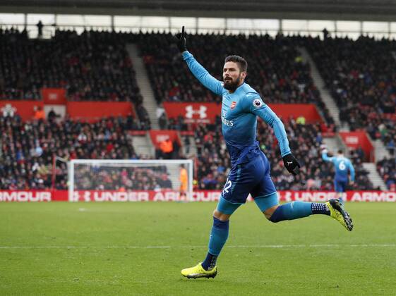 Arsenal s Olivier Giroud celebrates scoring his sides opening goal during the premier league match at St Mary s Stadium, Southampton. Picture date 10th December 2017. Picture credit should read: David Klein Sportimage EDITORIAL USE ONLY. No use with unauthorised audio, video, data, fixture lists, club league logos or live services. Online in-match use limited to 120 images, no video emulation. No use in betting, games or single club league player publications.